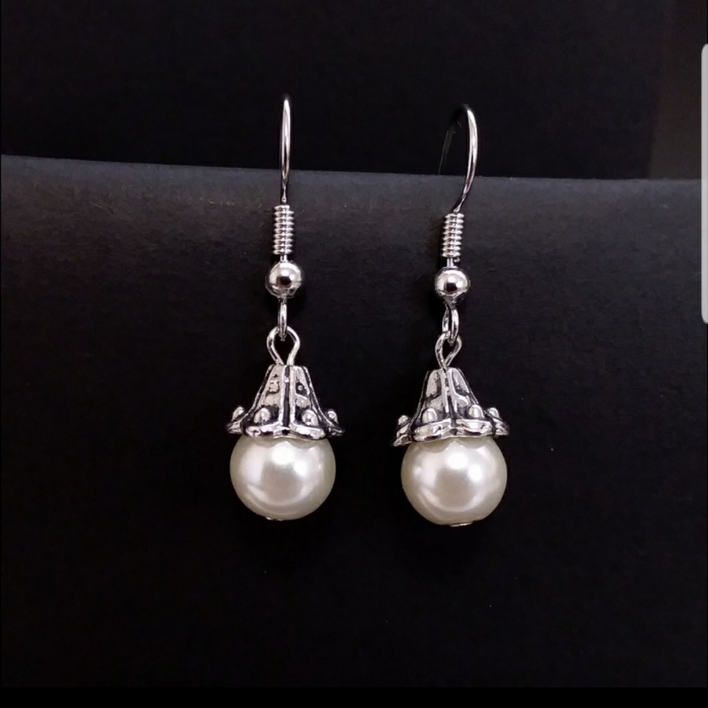 Faux Pearl Silver Tone Hook Earrings